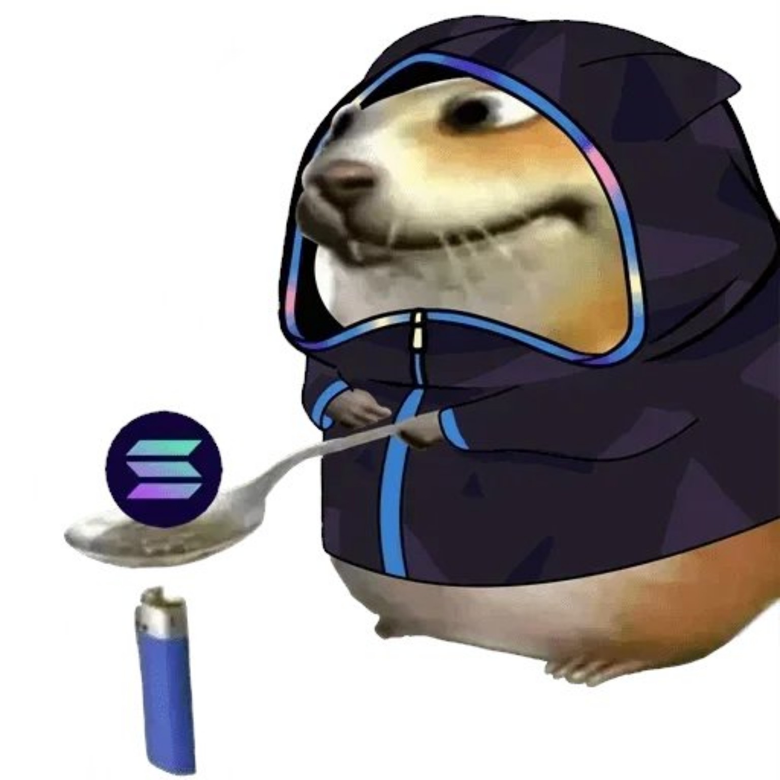 Hamsty, a hooded hamster holding a Solana token over a spoon